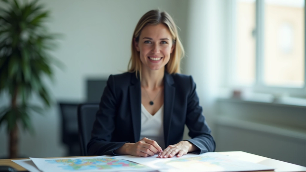 Moderní podnikatelka v kanceláři se mapou Evropy a dokumenty týkající se mezinárodního obchodu