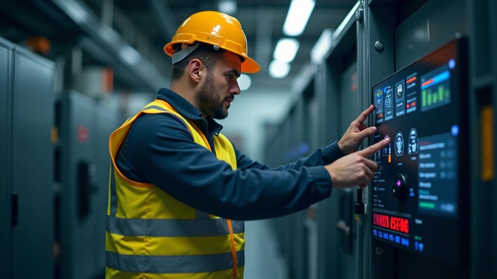 Zaměstnanec v bezpečnostní výstroji pracující s moderní technologií v chytrém průmyslu