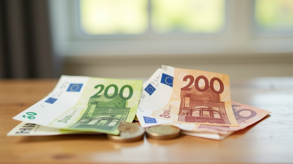 Bankovky a mince eur a českých korun vedle sebe — porovnání měn