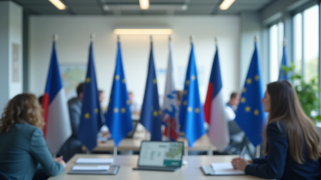 Moderní kancelář s mapami EU a symboly evropské integrace