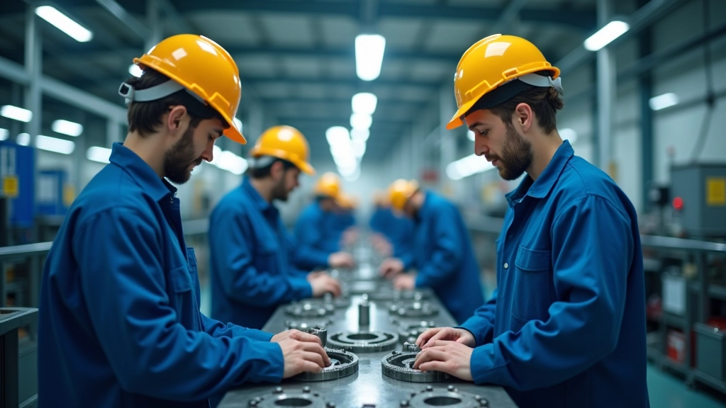 Průmyslový park se zaměstnanci pracujícími na výrobní lince, moderní automobilová továrna